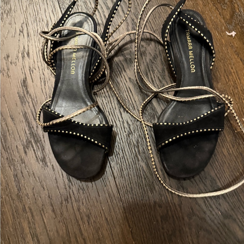 Tamara Mellon Black and Gold Strappy Sandals